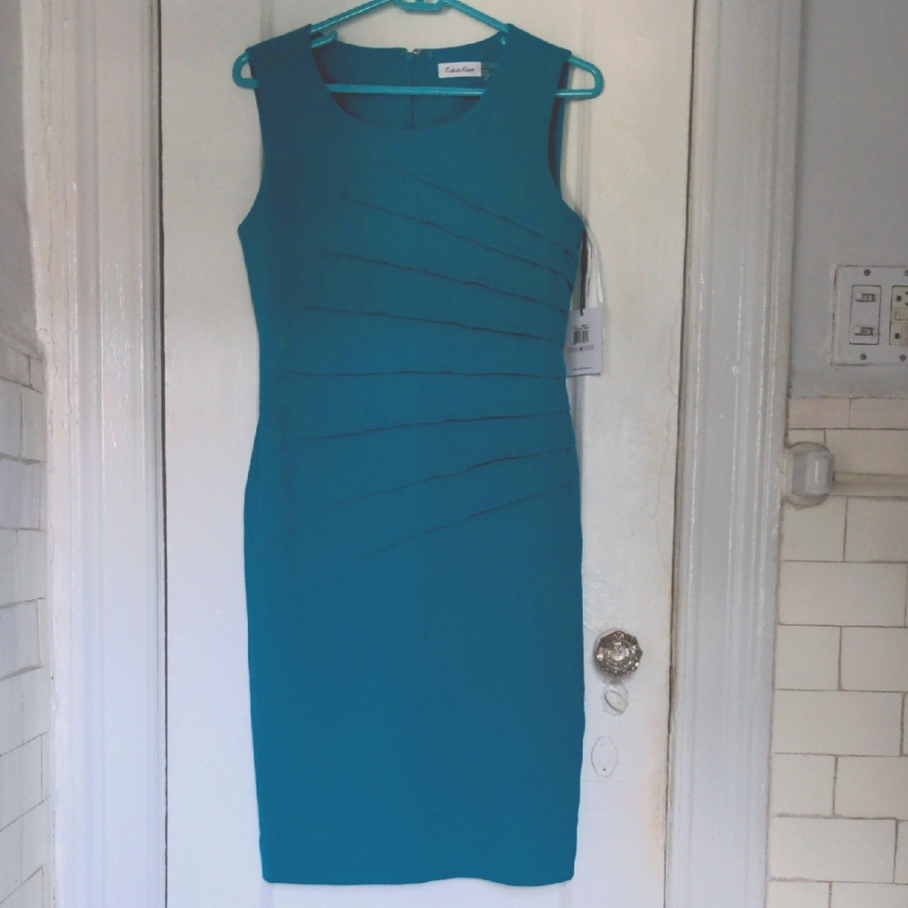 NWT Calvin Klein Shift Dress, Sleeveless, Teal Blue Sheath, Lined, Office, Party